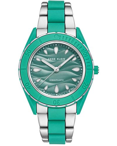 Anne Klein Silver-tone And Pastel Green Solar Ocean Work Plastic Bracelet Watch