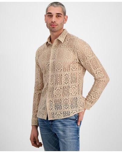 Guess Long Sleeve Craft Crochet Shirt - Natural