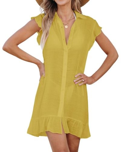 CUPSHE Button-up Collared Ruffle Mini Cover-up - Yellow