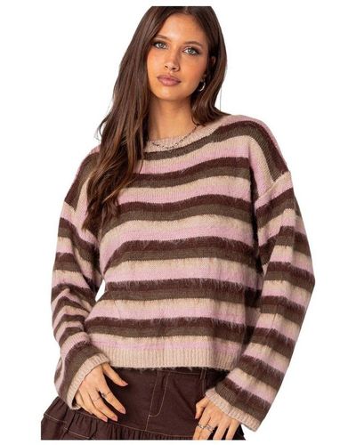 Edikted Oversized Fuzzy Striped Sweater - Brown