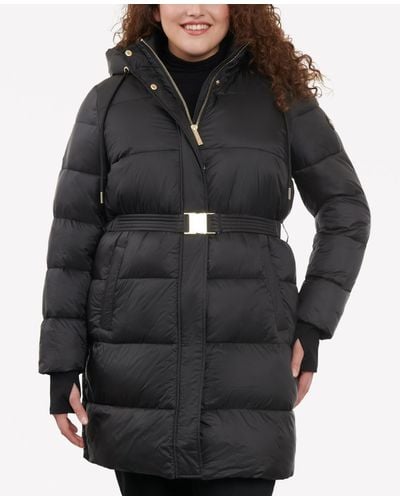 Michael Kors Plus Size Hooded Belted Puffer Coat - Black