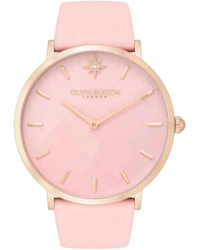 Olivia Burton Celestial Ultra Slim Pink Leather Strap Watch 40mm