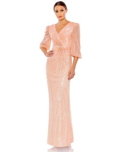 Mac Duggal Sequined Faux Wrap Puff Sleeve Gown - Pink