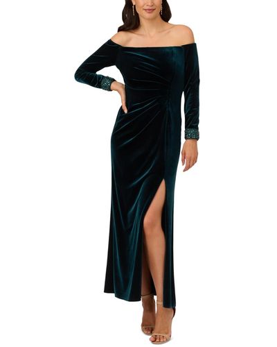 Adrianna Papell Velvet Off-the-shoulder Beaded-cuff Gown - Blue