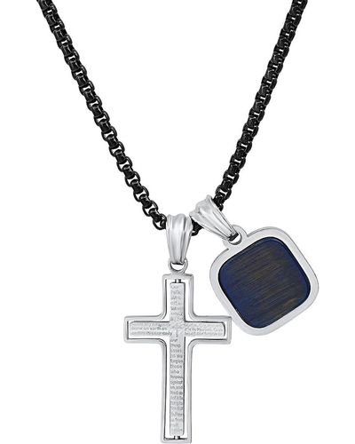 Steeltime Silver-tone Lords Prayer Cross & Square Pendant Necklace - Blue