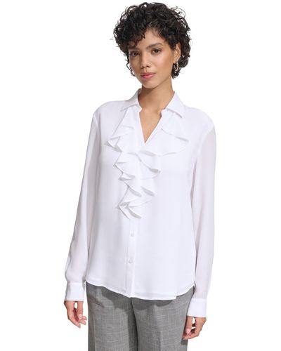 Calvin Klein Ruffle-front Long-sleeve Shirt - White