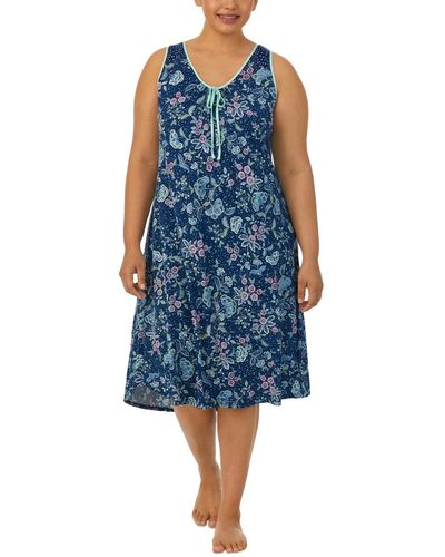 Ellen Tracy Plus Size Printed Sleeveless Midi Nightgown - Blue