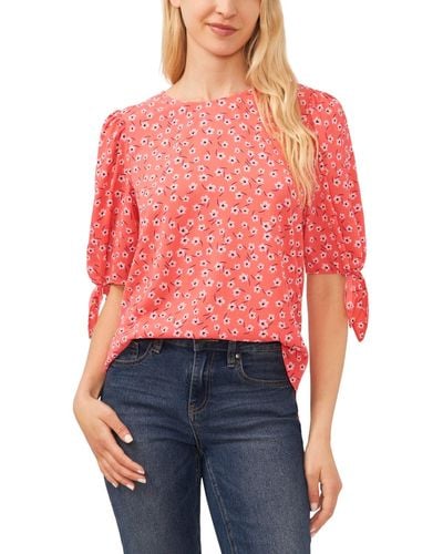 Cece Printed 3/4-tie Sleeve Crew Neck Blouse - Red