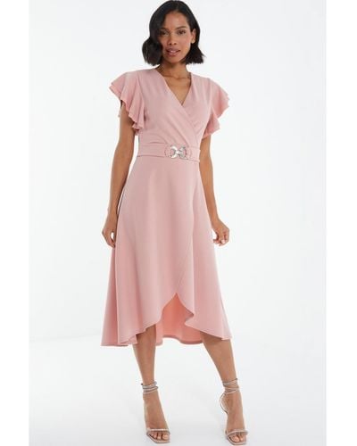 Quiz Frill Sleeve Dip Hem Buckle Wrap Dress - Pink