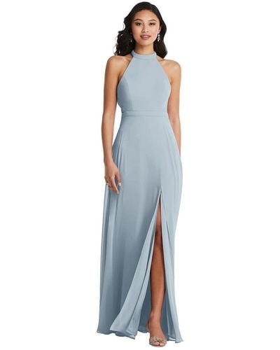 Dessy Collection Stand Collar Halter Maxi Dress - Blue