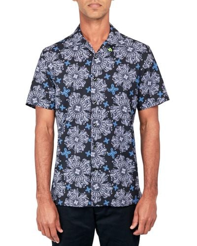 Society of Threads Regular-fit Non-iron Performance Stretch Medallion-print Button-down Camp Shirt - Blue