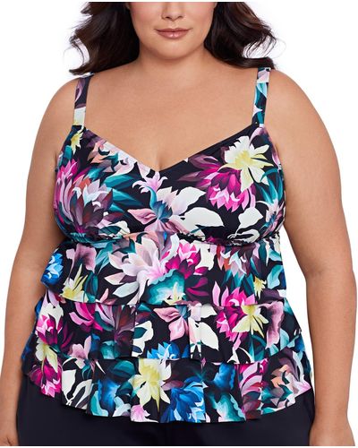 Swim Solutions Plus Size Floral-print Tiered Tankini Top - Blue