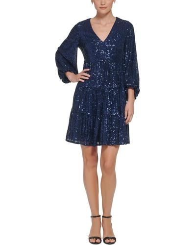 Eliza J Sequinned Tiered Fit & Flare Dress - Blue