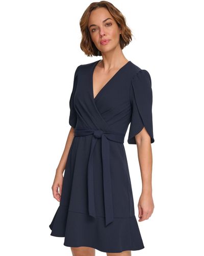 DKNY Petite Crossover-neck Tulip-sleeve Dress - Blue