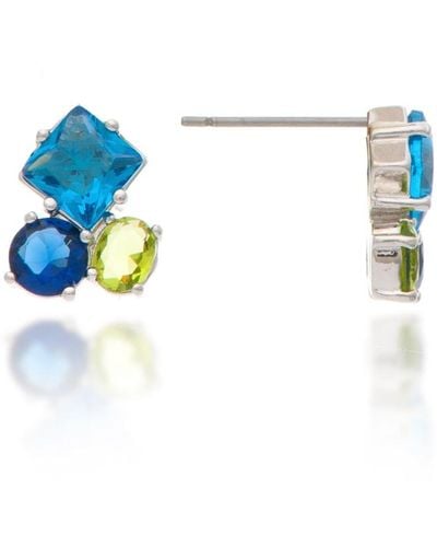 Rivka Friedman Rhodium Three Stone Cluster London Blue + Peridot + Sapphire Crystal Earrings