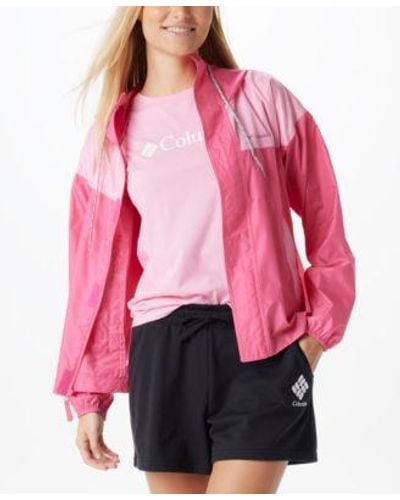 Columbia Flash Challenger Windbreaker Jacket Trek Short Sleeve Graphic T Shirt Trek Mid Rise French Terry Shorts - Pink