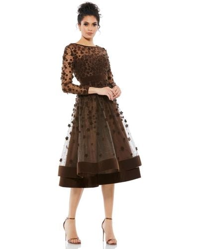 Mac Duggal Embellished Illusion High Neck Long Sleeve Fit & Flare - Brown