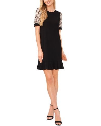 Cece Mixed Media Sheer Floral Puff Sleeve Knit Dress - Black