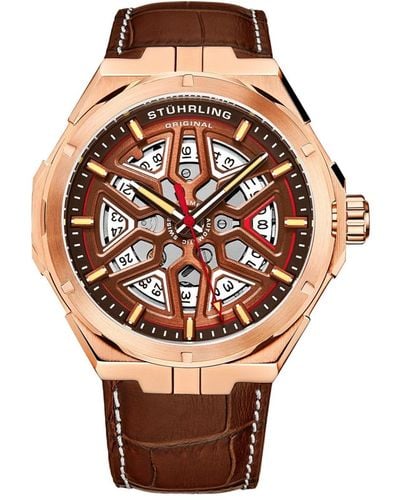 Stuhrling Automatic Watch Alligator Embossed Genuine Leather Strap - Pink