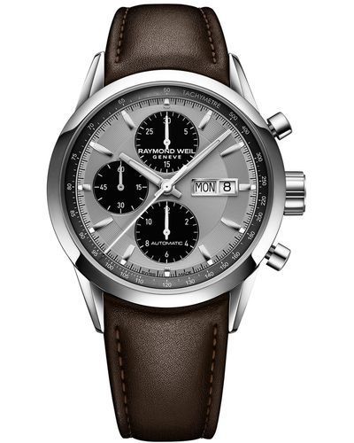 Raymond Weil Swiss Automatic Chronograph Brown Leather Strap Watch 42mm - Gray