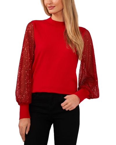 Cece Sheer-sequin-sleeve Mock-neck Cotton Sweater - Red