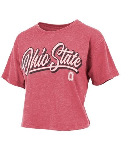 Pressbox Distressed Ohio State Buckeyes Team Script Harlow Vintage-like Waist Length T-shirt - Pink
