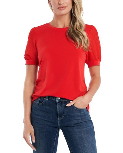 Cece Short Puff Sleeve Mixed Media Knit Top - Red