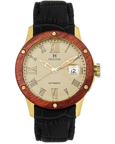Heritor Automatic Everest Wooden Bezel Black Or Blue Genuine Leather Band Watch - Multicolor