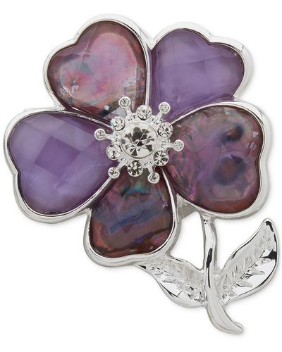 Anne Klein Silver-tone Crystal & Stone Flower Pin - Purple