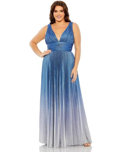 Mac Duggal Plus Size V-neck Ombre Pleated Gown - Blue