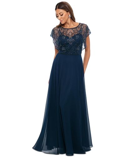 Xscape Beaded-overlay Boat-neck Long Dress - Blue