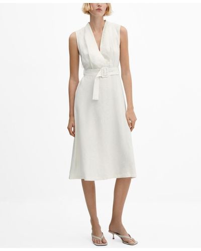 Mango Belt Linen Dress - White