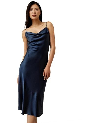 LILYSILK Cowl Neck Oblique-layered Silk Dress - Blue