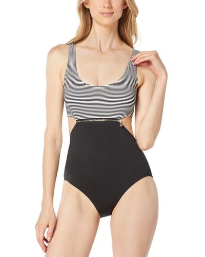 Michael Kors Michael Zip-detail Striped-top One-piece Swimsuit - Black