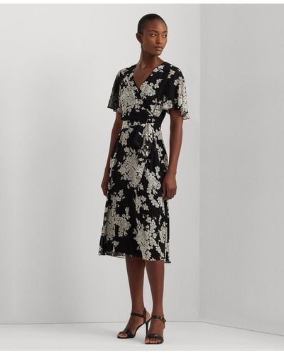 Lauren by Ralph Lauren Floral Belted Crinkle Georgette Dress - Black