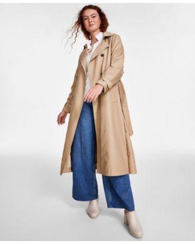 Calvin Klein Cotton Soft Gabardine Raglan Sleeve Trench Jacket Charmeuse Puff Sleeve Shirt High Rise Wide Leg Belted Jeans - Blue