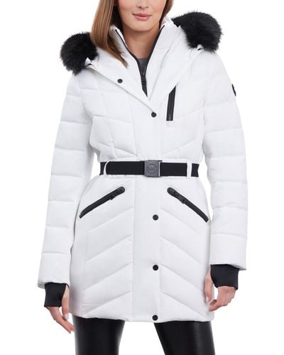 Michael Kors Belted Faux-fur-trim Hooded Puffer Coat - White
