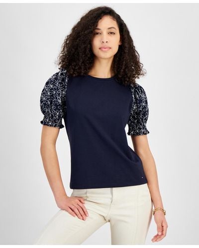 Tommy Hilfiger Round-neck Contrast-sleeve Top - Blue