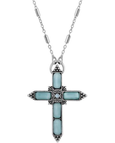 2028 Silver-tone Aqua Moonstone Aqua Crystal Cross 20" Necklace - Green
