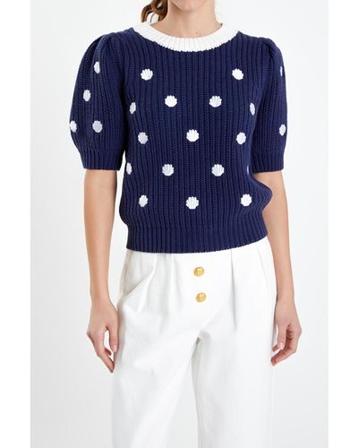 English Factory Shell Embroidered Puff Sleeve Sweater - Blue