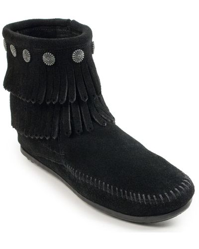 Minnetonka Double Fringe Side Zip Ankle Boots - Black
