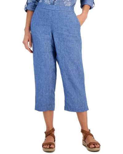 Charter Club 100% Linen Solid Cropped Pull-on Pants - Blue