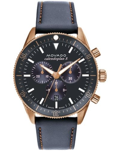 Movado Calendoplan S Swiss Quartz Chronograph Leather Strap Watch 42mm - Black