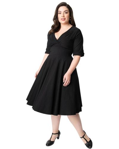 Unique Vintage Plus Size Half Sleeve Surplice Delores Swing Dress - Black