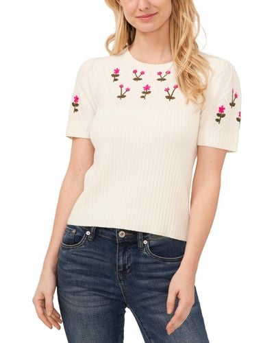 Cece Crewneck Flower Embroidered Short Sleeve Cotton Sweater - White