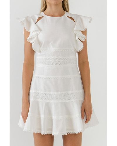 Endless Rose Lace Trimmed Ruffle Sleeve Dress - White