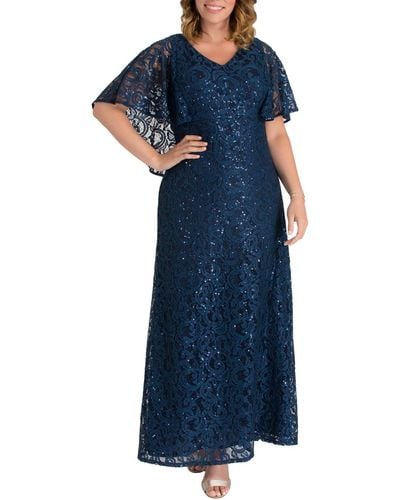 Kiyonna Plus Size Celestial Cape Sleeve Sequined Lace Gown - Blue