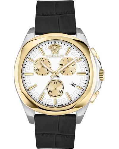 Versace Swiss Chronograph Medusa Black Leather Strap Watch 40mm - Metallic