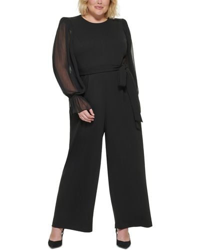 Calvin Klein Plus Belted Sheer Sleeves Jumpsuit - Black