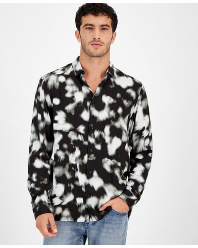 INC International Concepts Ethereal Long Sleeve Button-front Camp Shirt - Black